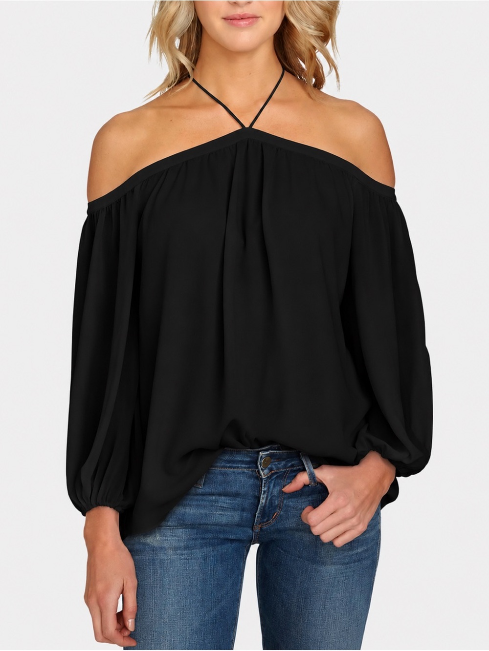 1. State Black Off-Shoulder Tie-Strap Blouse